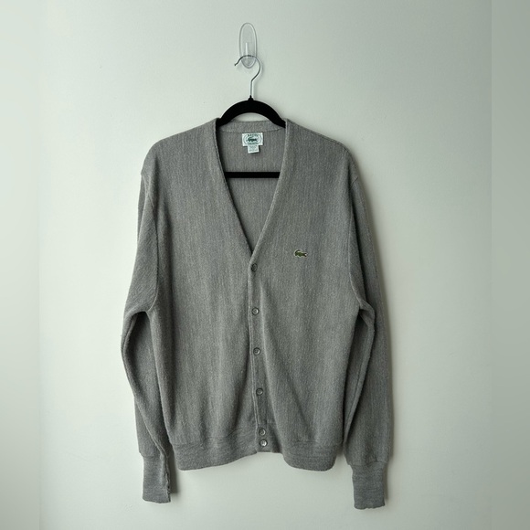 VTG Lacoste Gray Cardigan Sweater Men's Large 100% Orlon Acrylic USA MADE - Picture 1 of 13